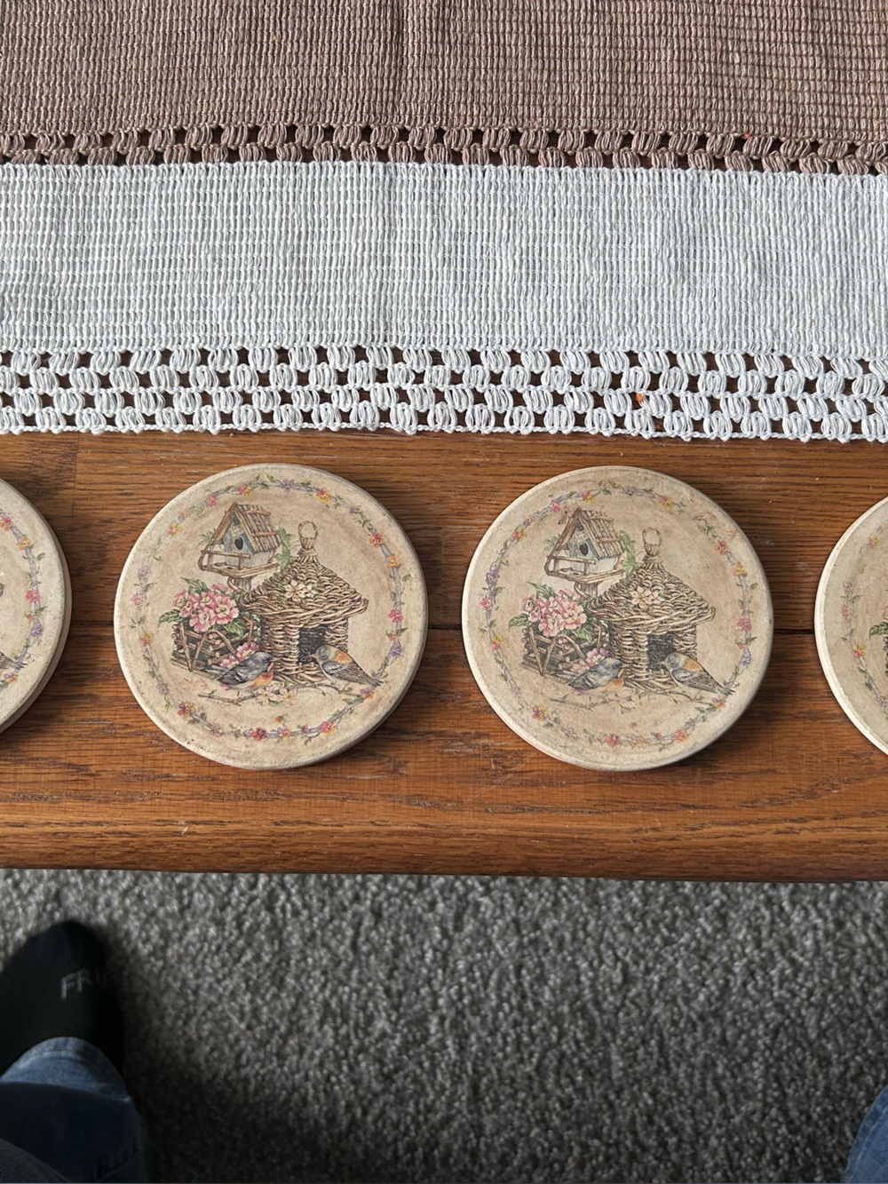 Vintage Floral Bird Basket Wall Plaques - Beige Set of 4
